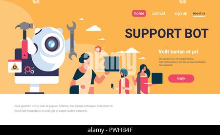 support bot robot wrench service repair concept artificial intelligence indian people using gadgets flat horizontal copy space vector illustration Stock Vector
