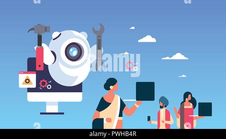 support bot robot wrench service repair concept artificial intelligence indian people using gadgets flat horizontal vector illustration Stock Vector
