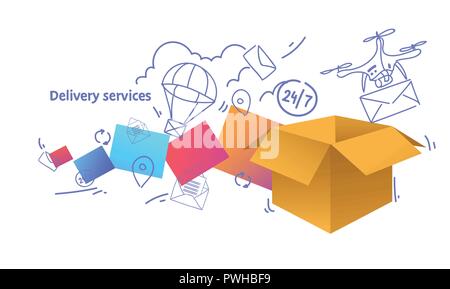 paper packages box fast delivery services concept sketch doodle horizontal vector illustration Stock Vector
