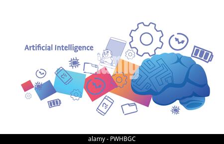 modern robotic digital technology assistance artificial intelligence concept brain icon sketch doodle horizontal vector illustration Stock Vector