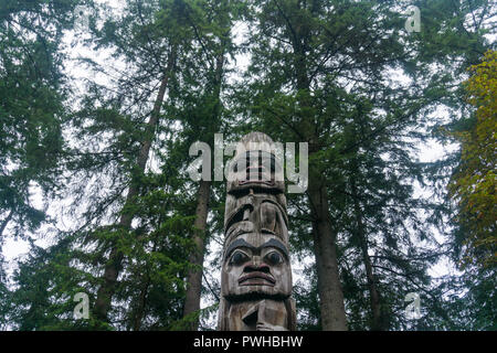 First Nations totem poles in Vancouver, Canada Stock Photo