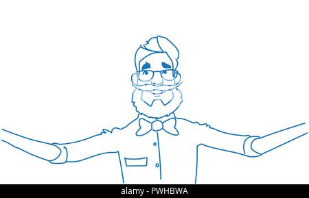 senior man taking photo selfie smartphone camera sketch doodle horizontal Stock Vector