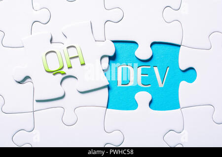 The Words QA And Dev In Missing Piece Jigsaw Puzzle Stock Photo