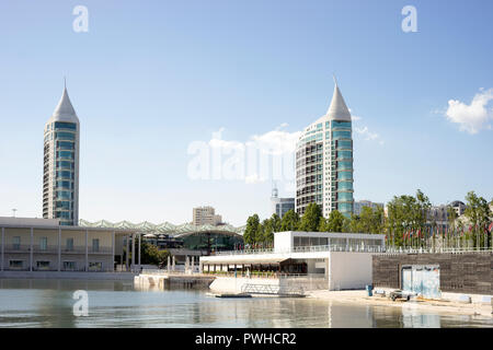 Modern Parque da Nacoes district with aquarium and Oriente train station in Lisbon, Portugal Stock Photo