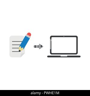 Vector illustration icon concept of pencil writing on paper with laptop computer. Stock Vector