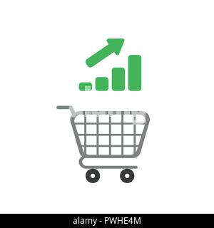 Vector illustration icon concept of shopping cart with bar graph moving up. Stock Vector