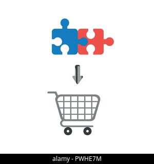 Vector illustration icon concept of two connected jigsaw puzzle pieces inside shopping cart. Stock Vector