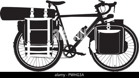 Vector illustration of bikepacking touring bike black silhouette Stock Vector