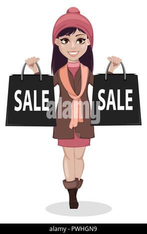 Black Friday. Beautiful girl, cartoon character holding two black paper bags. Advertisement for sale, discount, shopping. Vector illustration on white Stock Vector