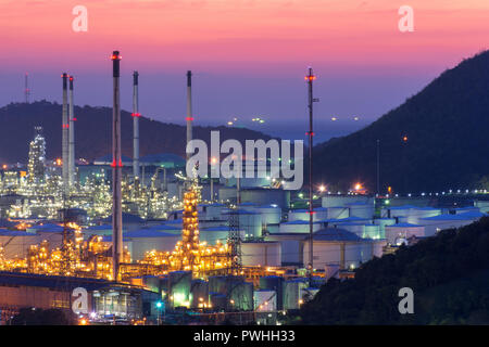 Oil Refinery factory at twilight , petrochemical plant , Petroleum , Chemical Industry Stock Photo