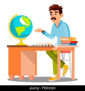 Geography Teacher In Glasses Sitting At Table With Books And Globe Vector. Isolated Illustration Stock Vector