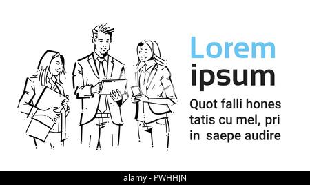 Sketch businesspeople team stay on white background, businessman and businesswoman hold folder, portrait group of hand drawn business people Stock Vector