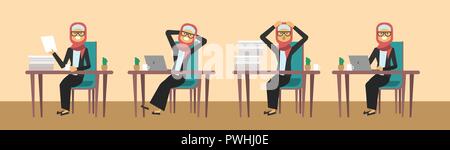 arab businesswoman sitting at office desk in different poses, hard working business woman process concept, banner, flat Stock Vector