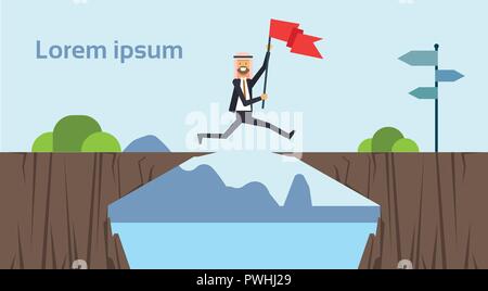 arab businessman jumping with flag over obstacles over chasm go to the opposite goal concept. business success. challenge, risk, over blue background