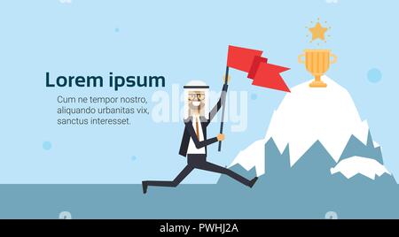 arab businessman jumping with flag over iceberg with winner cup prize background. business success concept. challenge, risk, flat Stock Vector