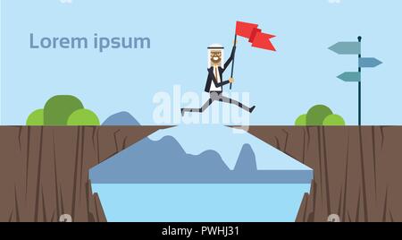 arab businessman jumping with flag over obstacles over chasm go to the opposite goal concept. business success. challenge, risk, over blue background