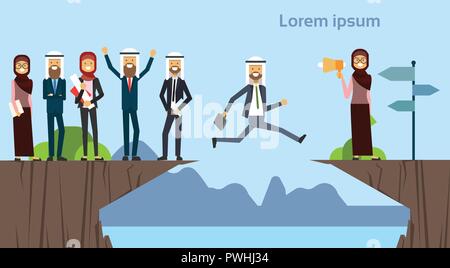 arab businessman jumping over obstacles chasm go to the opposite goal concept. business group success. challenge, risk, and overcome problem or obstacles.