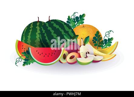 watermelon melon apple fruits on white background, healthy lifestyle or diet concept, logo for fresh fruits Stock Vector