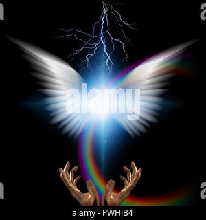 Surreal digital art. Bright star with white angel's wings and rainbow. Hands of creator. Stock Photo