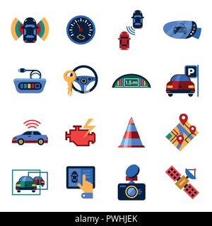 Digital vector assisted transportation and parking sensing system and wireless communication network simple icons set collection flat style infographi Stock Vector