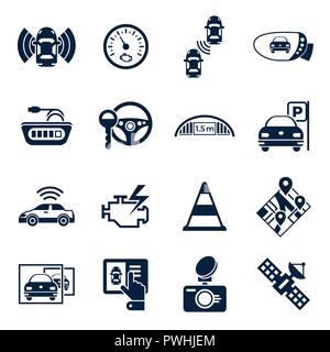 Digital vector assisted transportation and parking sensing system and wireless communication network simple icons set collection flat style infographi Stock Vector