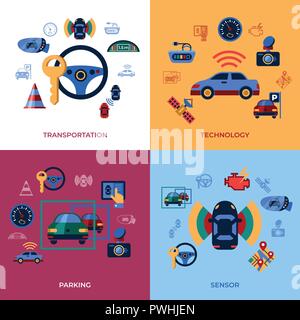 Digital vector assisted transportation and parking sensing system and wireless communication network simple icons set collection flat style infographi Stock Vector