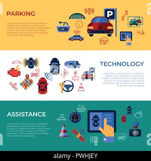 Digital vector assisted transportation and parking sensing system and wireless communication network simple icons set collection flat style infographi Stock Vector