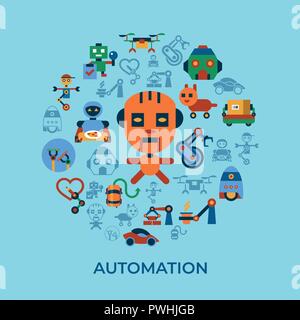 Digital vector machine automation and artificial intelligence robots simple icons set collection flat style infographics Stock Vector