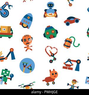 Digital vector machine automation and artificial intelligence robots simple icons set collection flat style infographics, seamless pattern Stock Vector