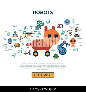 Digital vector machine automation and artificial intelligence robots simple icons set collection flat style infographics Stock Vector