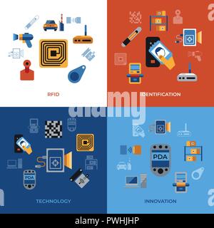 Digital vector rfid radio frequency identification chip simple icons set collection flat style infographics Stock Vector