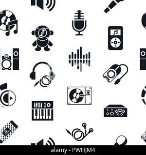Digital vector studio sound music design and instruments simple icons set collection flat style infographics, seamless pattern Stock Vector