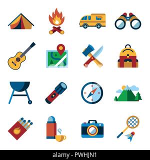 Digital vector summer camping sport activities simple icons set collection flat style infographics Stock Vector