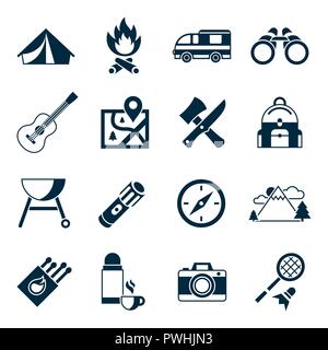 Digital vector summer camping sport activities simple icons set collection flat style infographics Stock Vector
