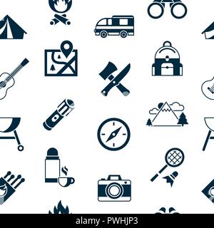 Digital vector summer camping sport activities simple icons set collection flat style infographics, seamless pattern Stock Vector