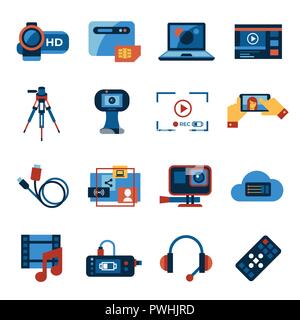 Digital vector video on demand online streaming technology simple icons set collection flat style infographics Stock Vector