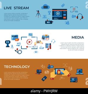Digital vector video on demand online streaming technology simple icons set collection flat style infographics Stock Vector