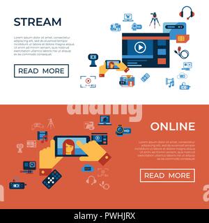 Digital vector video on demand online streaming technology simple icons set collection flat style infographics Stock Vector