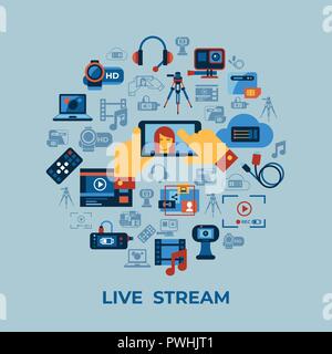 Digital vector video on demand online streaming technology simple icons set collection flat style infographics Stock Vector