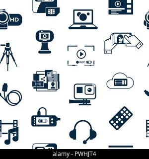 Digital vector video on demand technology simple icons set collection flat style infographics, seamless pattern Stock Vector