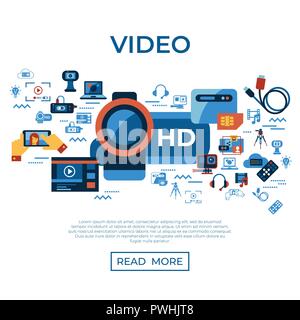 Digital vector video on demand online streaming technology simple icons set collection flat style infographics Stock Vector