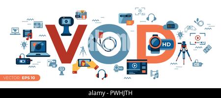 Digital vector video on demand online streaming technology simple icons set collection flat style infographics Stock Vector