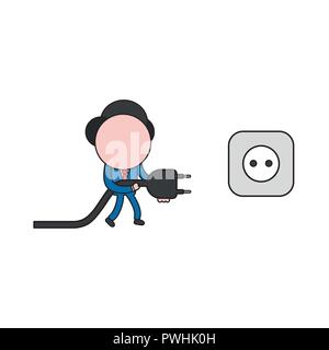 Vector illustration concept of businessman character holding plug and cable to outlet. Color and black outlines. Stock Vector