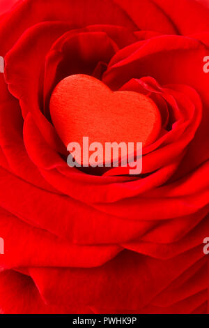 Red heart in a rose flower. Romantic background texture for a Valentine's or Wedding day greetings card with text space. Stock Photo