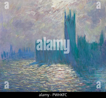 Painting 'Houses of Parliament, Reflections of the Thames' (1900-1905) by French Impressionist painter Claude Monet on display at his retrospective exhibition in the Albertina Museum in Vienna, Austria. The exhibition devoted to the founder of French Impressionist painting runs till 6 January 2019. Stock Photo