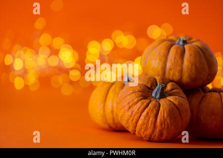 Halloween pumpkins against bright orange blurred lights background Stock Photo