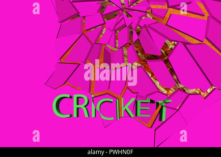 3D render of a cricket ball against a shattered purple wall with the word cricket Stock Photo