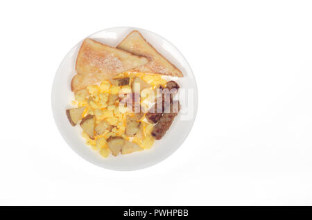 White plate with scrambled eggs, roasted potatoes, sausage links and buttered white bread Stock Photo