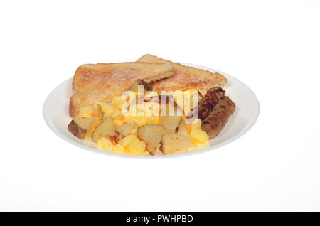 Scrambled eggs, oven roasted potatoes, sausage links and buttered white toast on white plate Stock Photo