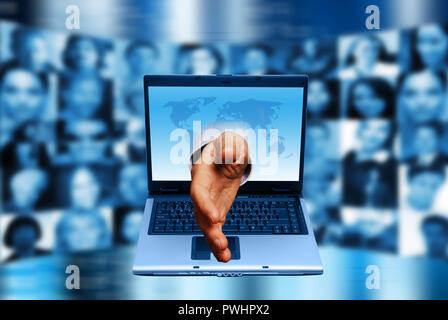 hand coming out of a computer screen, in handshaking gesture, social media concept Stock Photo